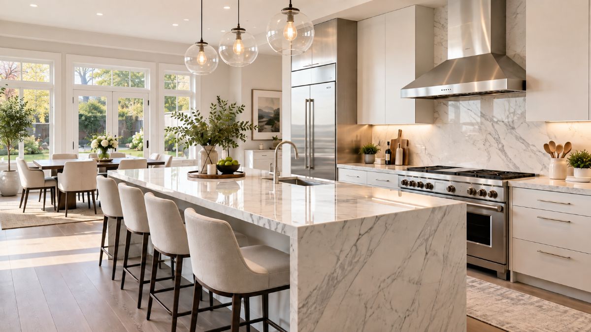 Spotless white kitchen with a marble island and stainless appliances