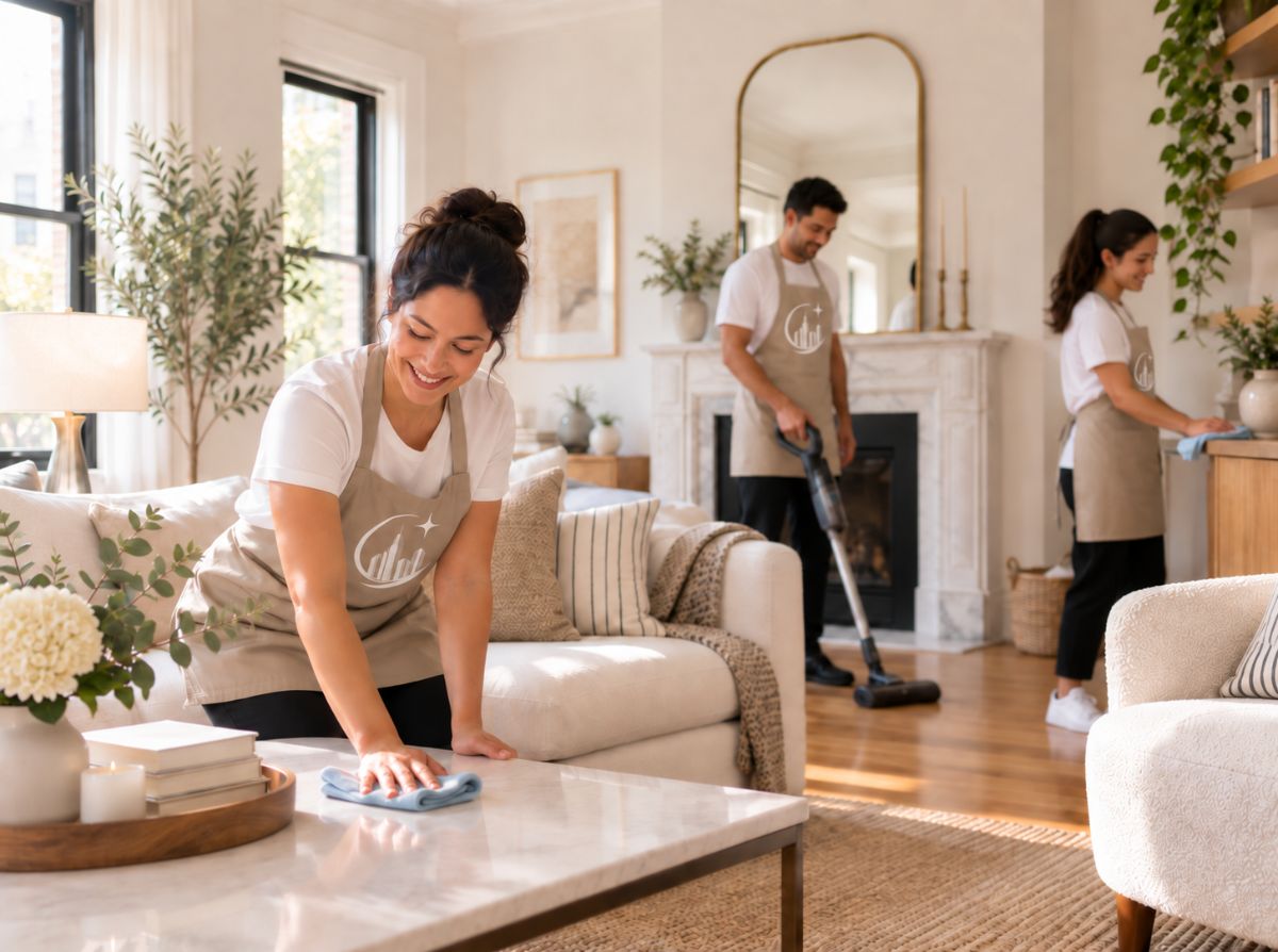 Bright City Cleaning team at work in a sunlit NYC living room